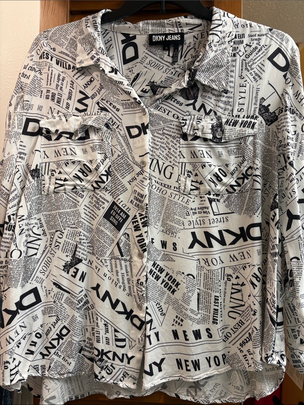 DKNY Black and White Newspaper Print Button-Front Blouse